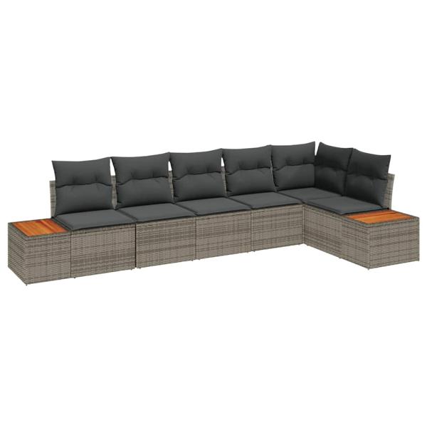 6-teiliges Garten Sofa Set mit Kissen Grau Poly Rattan Akazie
