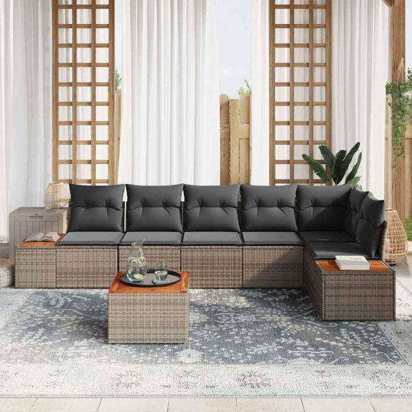 7-teiliges Garten-Sofaset mit Kissen Grau Poly-Rattan Akazie