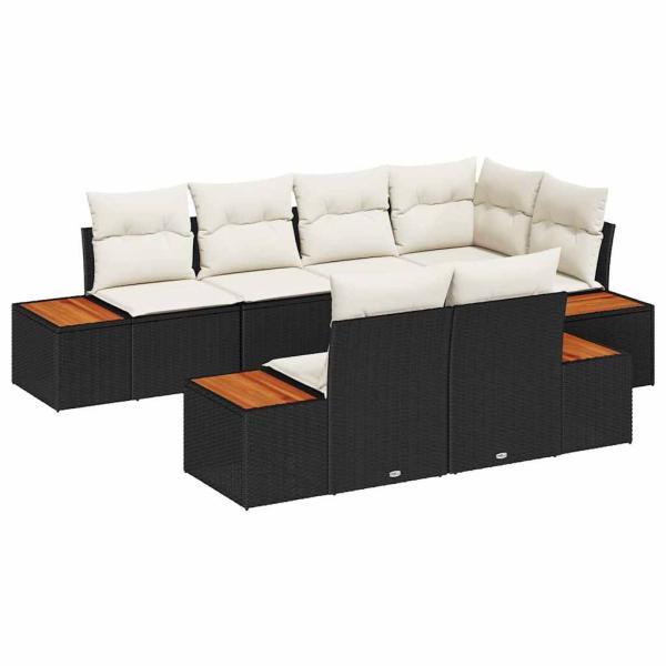 7-teiliges Garten Sofa Set mit Kissen Schwarz Poly Rattan Akazie