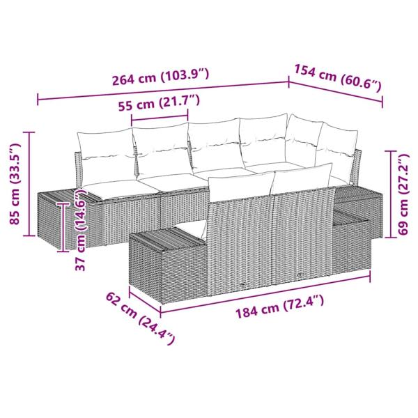7-teiliges Garten Sofa Set mit Kissen Schwarz Poly Rattan Akazie