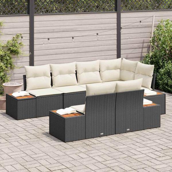 7-teiliges Garten Sofa Set mit Kissen Schwarz Poly Rattan Akazie
