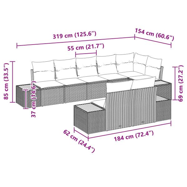 8-teiliges Garten Sofa Set mit Kissen Schwarz Poly Rattan Akazie