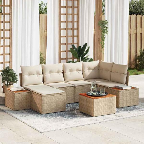 ARDEBO.de - 7-teiliges Garten-Sofa-Set mit Kissen in Beige aus Poly Rattan und Akazie