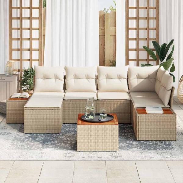 7-teiliges Garten-Sofa-Set mit Kissen in Beige aus Poly Rattan und Akazie