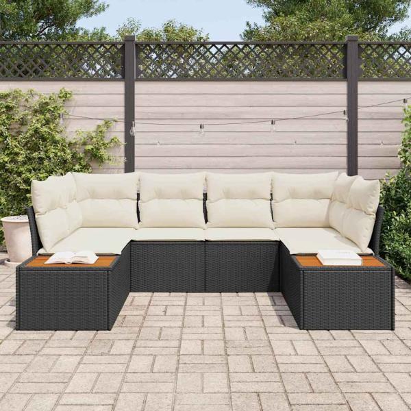 6-teiliges Garten-Sofa-Set mit Kissen Schwarz Poly Rattan Akazie