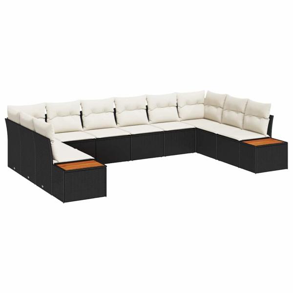 10-teiliges Garten-Sofa-Set mit Kissen in Schwarz aus Poly Rattan und Akazie