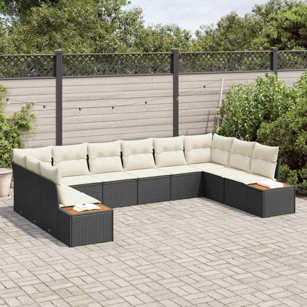10-teiliges Garten-Sofa-Set mit Kissen in Schwarz aus Poly Rattan und Akazie
