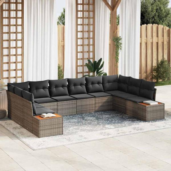 ARDEBO.de - 10-teiliges Garten Sofaset mit Kissen Grau Poly Rattan Akazie
