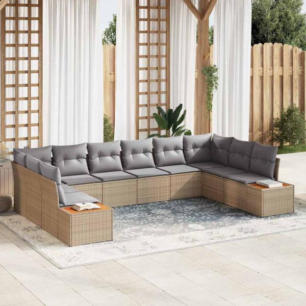 ARDEBO.de - 10-teilige Garten Sofa Set mit Kissen Beige Poly Rattan Akazie