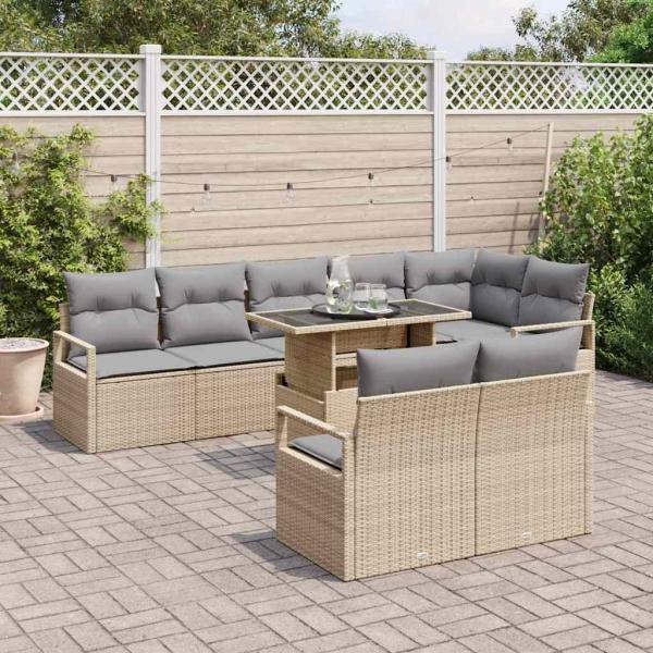 9-teiliges Garten Sofa Set mit Kissen Beige Poly Rattan