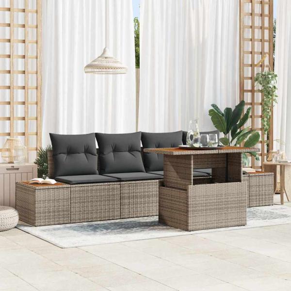 ARDEBO.de - 5-teiliges Gartensofa Set mit Kissen Grau Poly Rattan