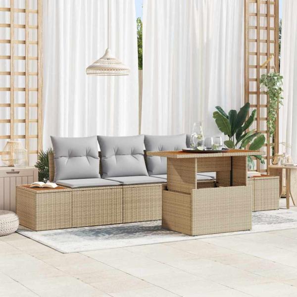 ARDEBO.de - 5-teiliges Garten-Sofa-Set mit Kissen Beige Poly-Rattan