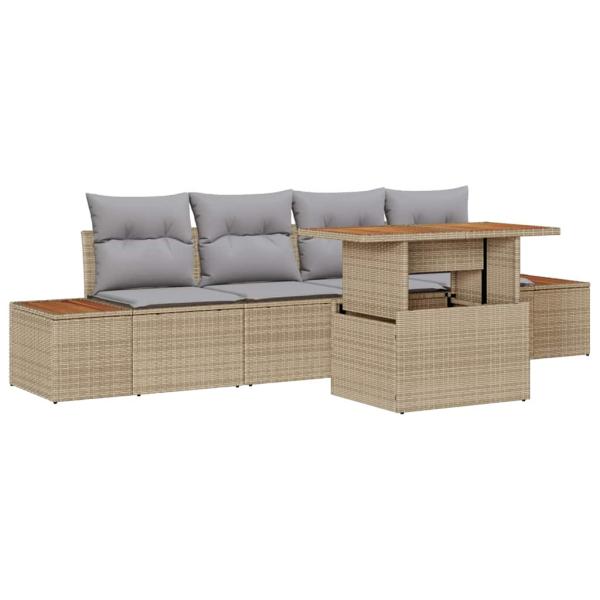 5-teiliges Garten-Sofa-Set mit Kissen Beige Poly-Rattan