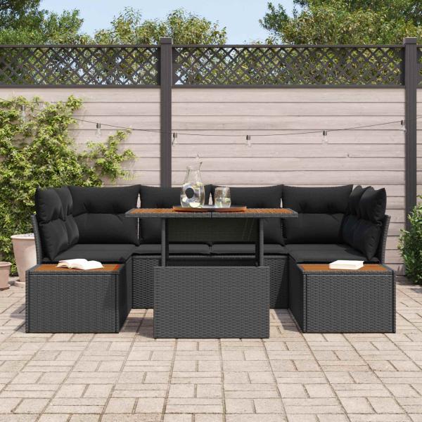 6-teiliges Garten Sofa Set mit Kissen Schwarzes Poly Rattan