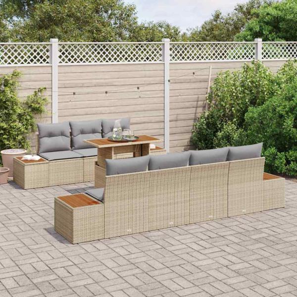 8-teiliges Garten Sofa Set mit Kissen Beige Poly Rattan