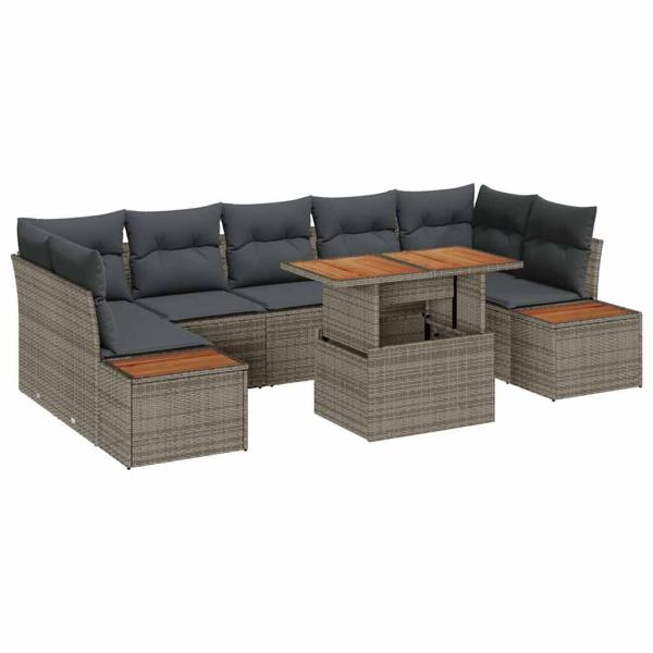 8-teiliges Garten-Sofa-Set mit Kissen in Grau, Poly Rattan