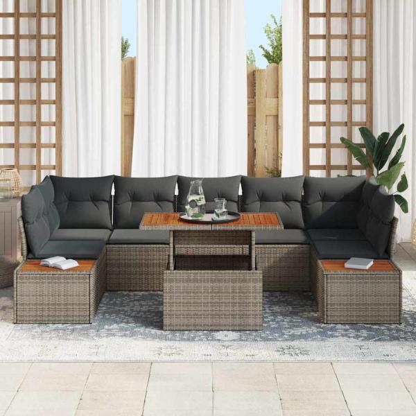 8-teiliges Garten-Sofa-Set mit Kissen in Grau, Poly Rattan