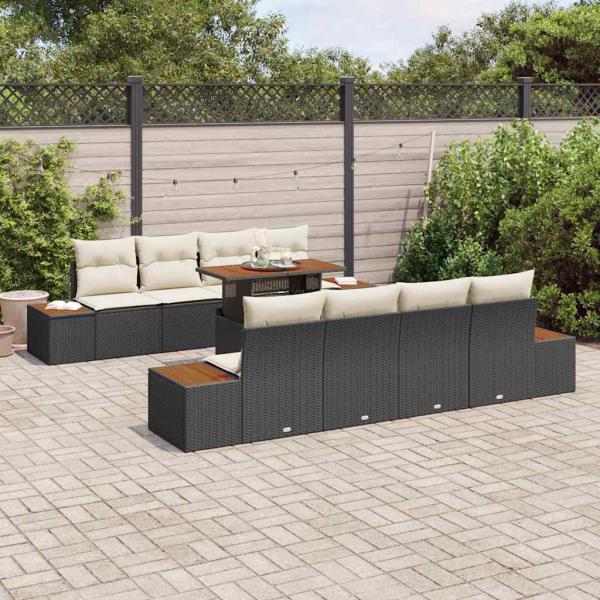 9-teiliges Garten Sofa Set mit Kissen Schwarz Poly Rattan