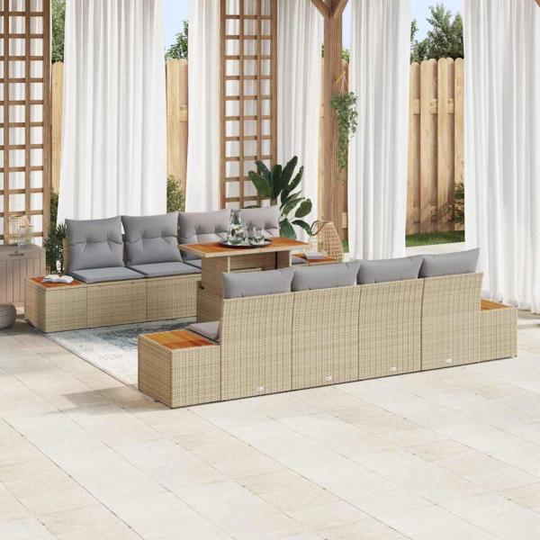 ARDEBO.de - 9-teiliges Garten Sofa Set mit Kissen Beige Poly Rattan