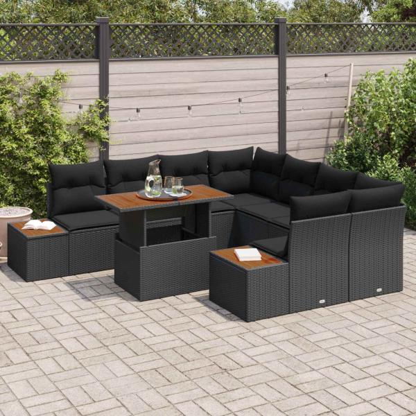 9-teiliges Garten Sofa Set mit Kissen Schwarz Poly Rattan