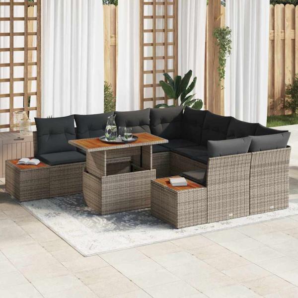 ARDEBO.de - 9-teiliges Garten Sofa Set mit Kissen Grau Poly-Rattan
