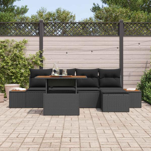 6-teiliges Garten Sofa Set mit Kissen Schwarz Poly Rattan