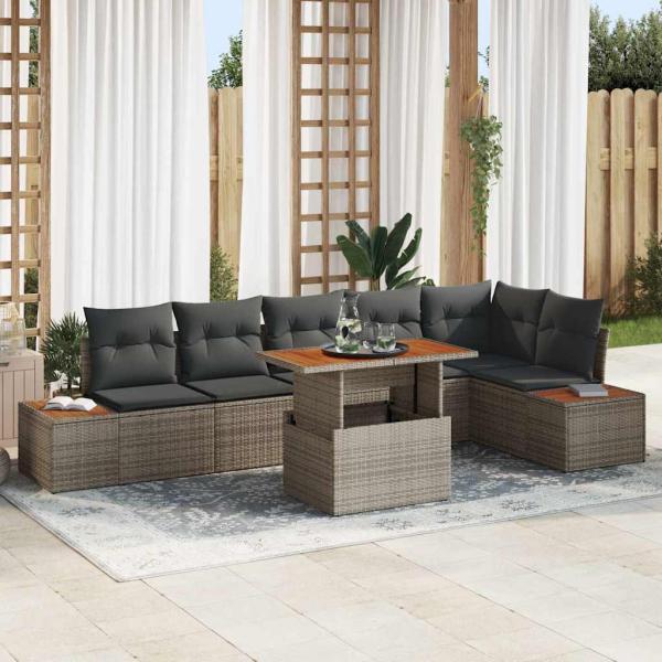 ARDEBO.de - 7-teiliges Garten Sofa Set mit Kissen Graues Poly Rattan