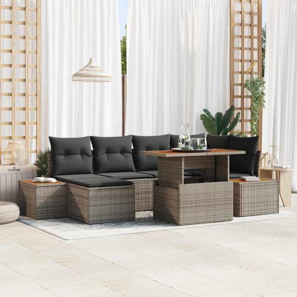 ARDEBO.de - 7-teiliges Garten Sofa Set mit Kissen Grau Poly Rattan