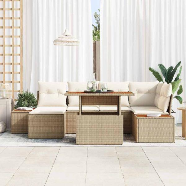 7-teilige Garten Sofagarnitur mit Kissen Beige Poly Rattan