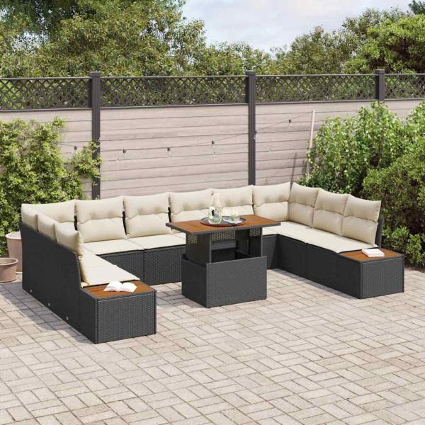 11-teiliges Garten Sofa Set mit Kissen Schwarz Poly Rattan