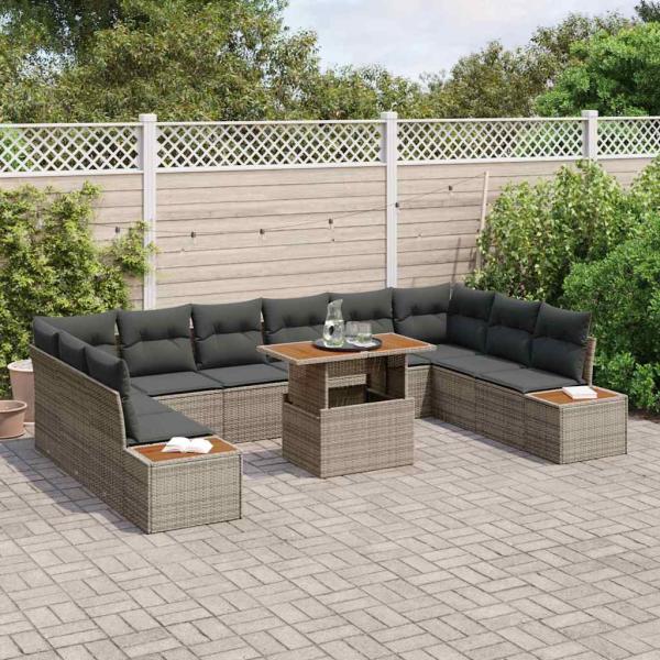 ARDEBO.de - 11-teiliges Garten Sofa Set mit Kissen Grau Poly Rattan