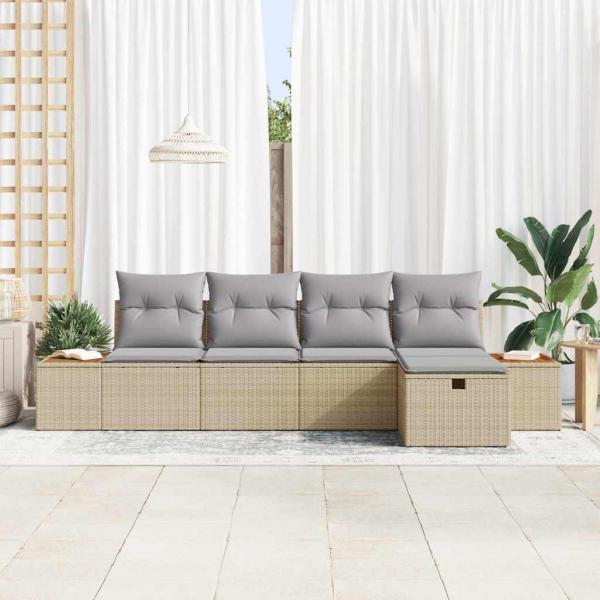 5-teilige Garten Sofa Set mit Kissen Beige Poly Rattan