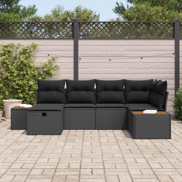 6-teiliges Garten Sofa Set mit Kissen Schwarz Poly Rattan