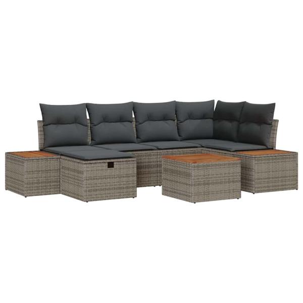 7-teiliges Garten Sofaset mit Kissen Grau Poly-Rattan
