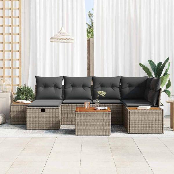7-teiliges Garten Sofaset mit Kissen Grau Poly-Rattan