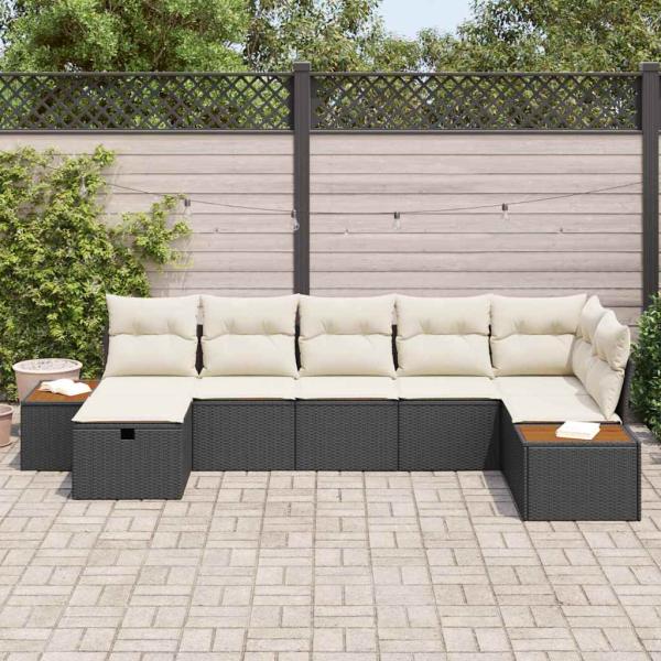 7-teiliges Garten Sofa Set mit Kissen Schwarz Poly Rattan