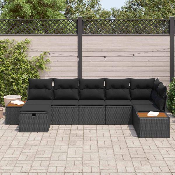 Garten-Sofa-Set mit Kissen 7 pcs Schwarz Poly Rattan