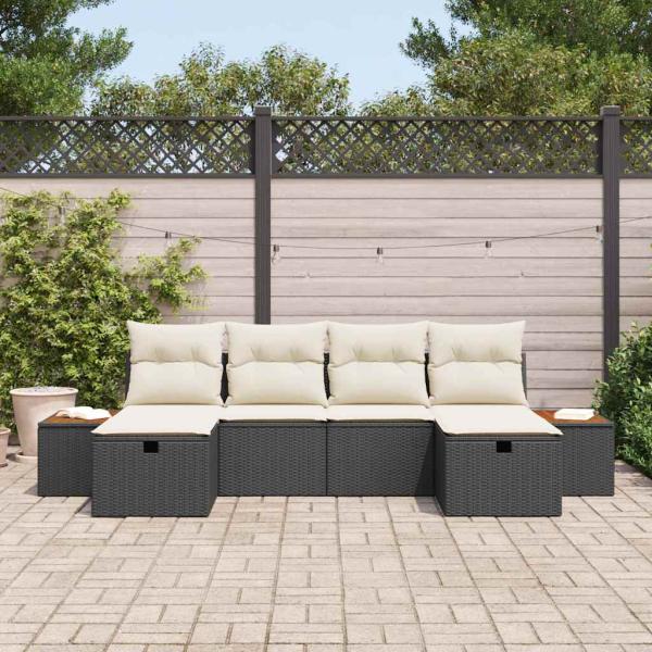 6-teiliges Garten Sofa Set mit Kissen Schwarz Poly Rattan