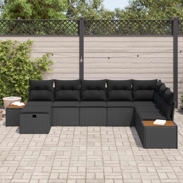 8-teiliges Garten Sofa Set mit Kissen Schwarz Poly-Rattan