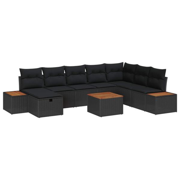 9-teiliges Garten Sofa Set mit Kissen Schwarz Poly Rattan