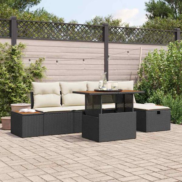 ARDEBO.de - 6-teiliges Garten-Sofa-Set mit Kissen Schwarz Poly Rattan Akazie
