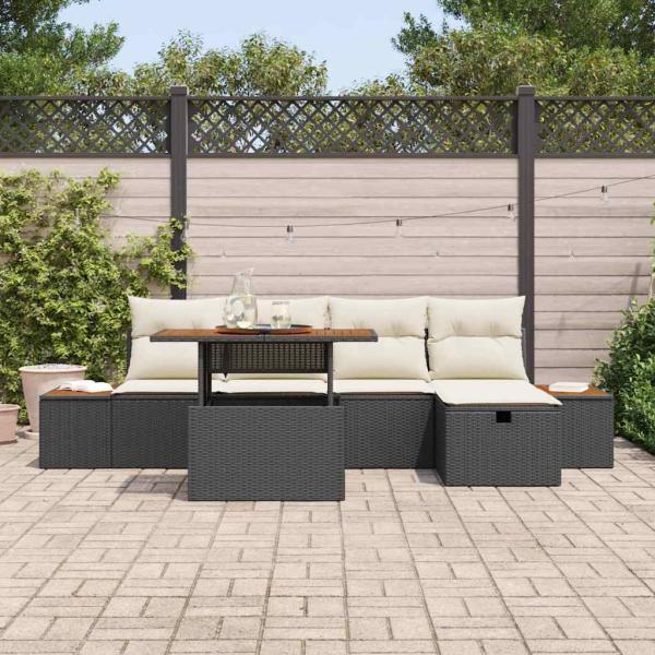 6-teiliges Garten-Sofa-Set mit Kissen Schwarz Poly Rattan Akazie