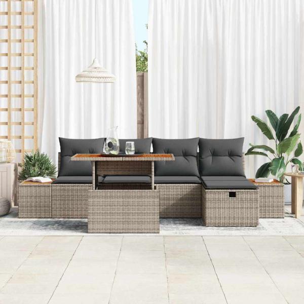 6-teiliges Garten Sofa Set mit Kissen Grau Poly Rattan Akazie