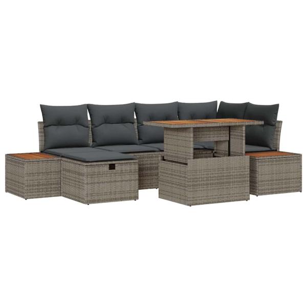 7-teiliges Garten Sofa Set mit Kissen Grau Poly Rattan Akazie