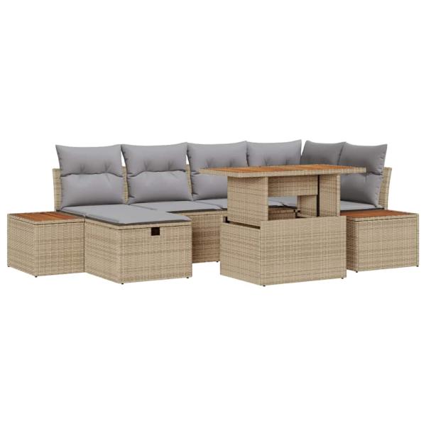 7-teiliges Garten-Sofa-Set mit Kissen Beige Poly Rattan Akazie