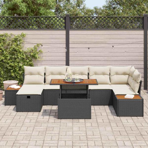 8-teiliges Garten-Sofa Set mit Kissen - Schwarz aus Poly Rattan & Akazie