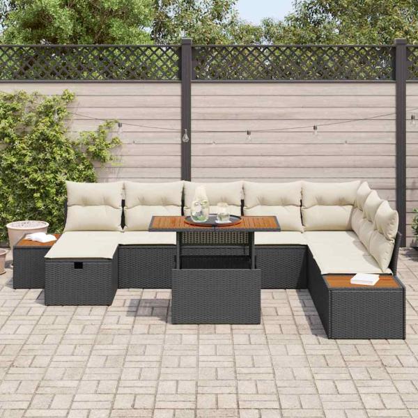 9-teiliges Garten-Sofa-Set mit Kissen Schwarz Poly Rattan Akazie