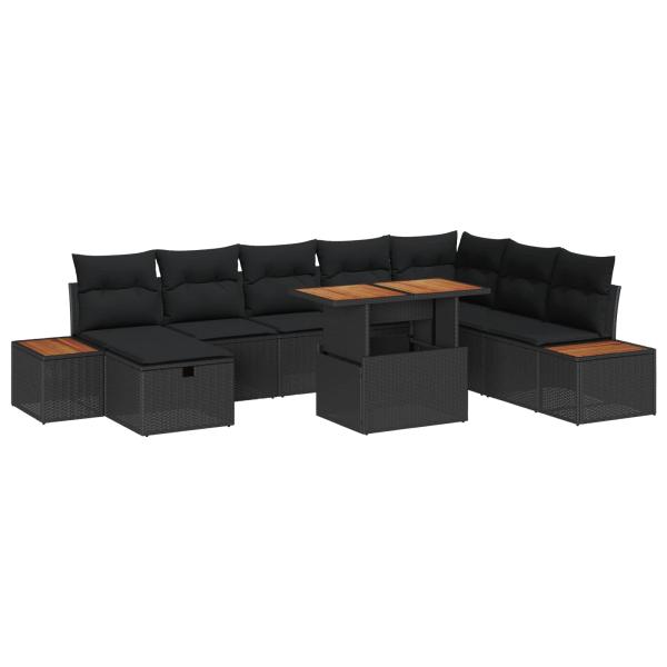 9-teiliges Garten-Sofaset mit Kissen Schwarz Poly Rattan Akazie