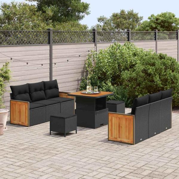 9-teiliges Garten Sofa Set mit Kissen Schwarz Poly Rattan Akazie