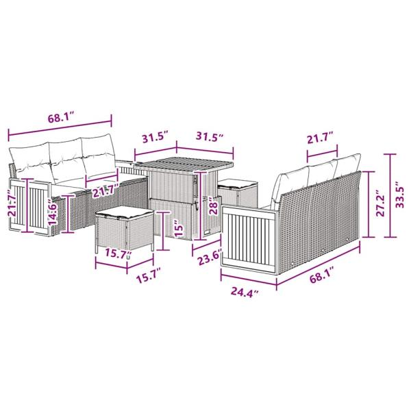9-teiliges Garten Sofa Set mit Kissen Schwarz Poly Rattan Akazie